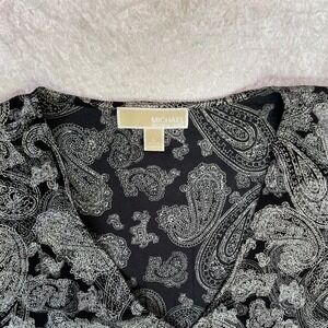 Michael Kors Wrap Top Large Black Silver Excellent Paisley Puff Sleeve Blouse